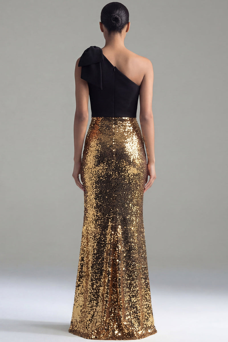 Laden Sie das Bild in den Galerie-Viewer, Lang Gerafft Glitzer Meerjungfrau Schwarz und Gold Ein Schulter Paillette Festliches Kleid mit Schleife