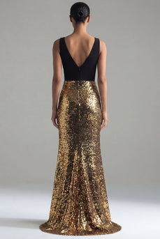 V-Ausschnitt Lang Glitzer Meerjungfrau Schwarz und Gold Paillette Festliches Kleid mit Schlitz