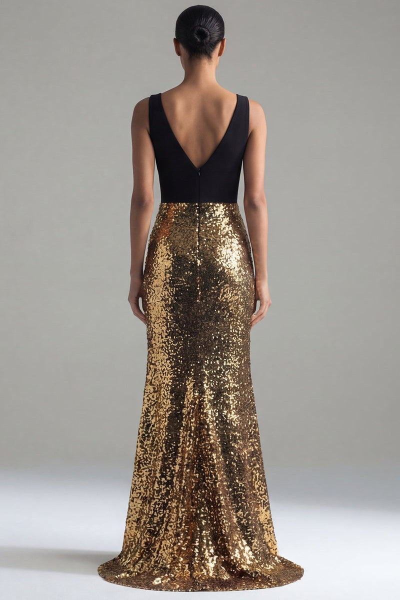 Laden Sie das Bild in den Galerie-Viewer, V-Ausschnitt Lang Glitzer Meerjungfrau Schwarz und Gold Paillette Festliches Kleid mit Schlitz