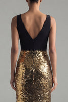Laden Sie das Bild in den Galerie-Viewer, V-Ausschnitt Lang Glitzer Meerjungfrau Schwarz und Gold Paillette Festliches Kleid mit Schlitz