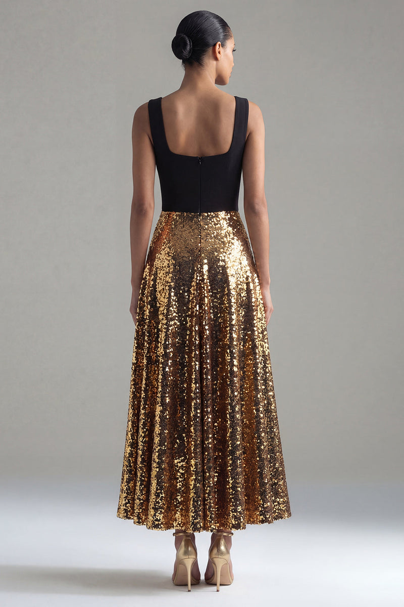 Laden Sie das Bild in den Galerie-Viewer, Rundhalsausschnitt Glitzer A Linie Schwarz und Gold Maksi Paillette Formelle Kleidung