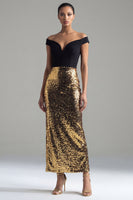 Laden Sie das Bild in den Galerie-Viewer, Schulterfrei Glitzer Scheide Schwarz und Gold Maksi Paillette Abendkleid mit Schlitz am Rücken