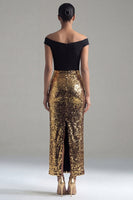 Laden Sie das Bild in den Galerie-Viewer, Schulterfrei Glitzer Scheide Schwarz und Gold Maksi Paillette Abendkleid mit Schlitz am Rücken
