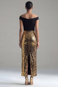 Schulterfrei Glitzer Scheide Schwarz und Gold Maksi Paillette Abendkleid mit Schlitz am Rücken