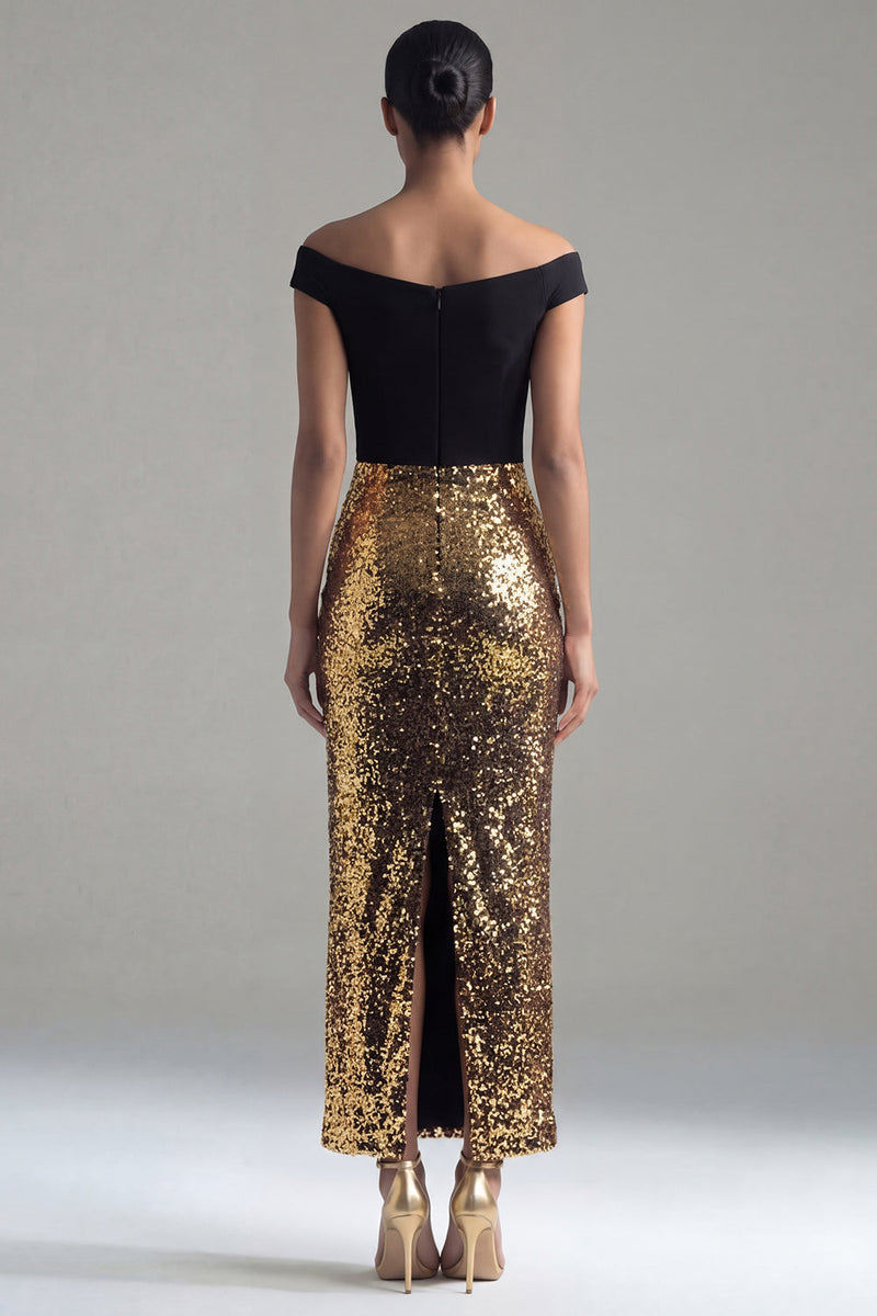 Laden Sie das Bild in den Galerie-Viewer, Schulterfrei Glitzer Scheide Schwarz und Gold Maksi Paillette Abendkleid mit Schlitz am Rücken