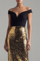 Laden Sie das Bild in den Galerie-Viewer, Schulterfrei Glitzer Scheide Schwarz und Gold Maksi Paillette Abendkleid mit Schlitz am Rücken