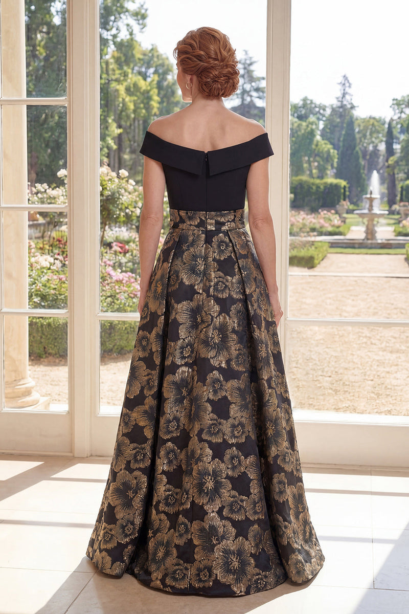 Laden Sie das Bild in den Galerie-Viewer, Schwarz Blumen Schulterfrei A Linie Lang Kleid für die Mutter der Braut