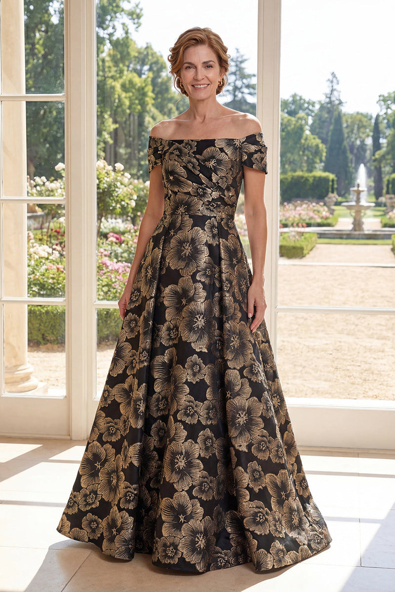 Laden Sie das Bild in den Galerie-Viewer, A Linie Lang Gerafft Schwarz Blumen Schulterfrei Kleid für die Mutter der Braut