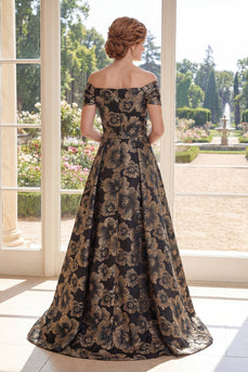 A Linie Lang Gerafft Schwarz Blumen Schulterfrei Kleid für die Mutter der Braut