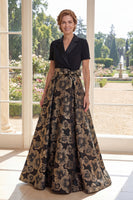 Laden Sie das Bild in den Galerie-Viewer, Schwarz Blumen Reversklappe A Linie Lang Kleid für die Mutter der Braut mit Schleife