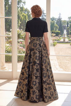 Schwarz Blumen Reversklappe A Linie Lang Kleid für die Mutter der Braut mit Schleife