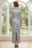 Laden Sie das Bild in den Galerie-Viewer, V-Ausschnitt Blau Blumen Scheide Maksi Kleid für die Mutter der Braut mit Schlitz am Rücken