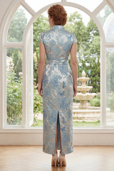 V-Ausschnitt Blau Blumen Scheide Maksi Kleid für die Mutter der Braut mit Schlitz am Rücken