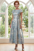 Laden Sie das Bild in den Galerie-Viewer, U-Ausschnitt Blau Blumen A Linie Kurzärmel Maksi Kleid für die Mutter der Braut