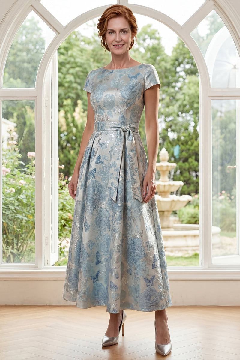 Laden Sie das Bild in den Galerie-Viewer, U-Ausschnitt Blau Blumen A Linie Kurzärmel Maksi Kleid für die Mutter der Braut