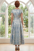 Laden Sie das Bild in den Galerie-Viewer, U-Ausschnitt Blau Blumen A Linie Kurzärmel Maksi Kleid für die Mutter der Braut