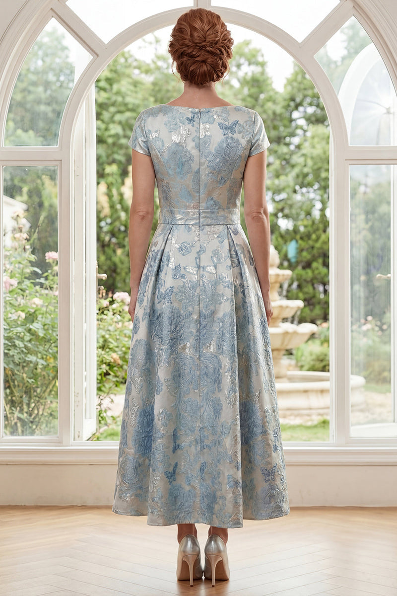 Laden Sie das Bild in den Galerie-Viewer, U-Ausschnitt Blau Blumen A Linie Kurzärmel Maksi Kleid für die Mutter der Braut