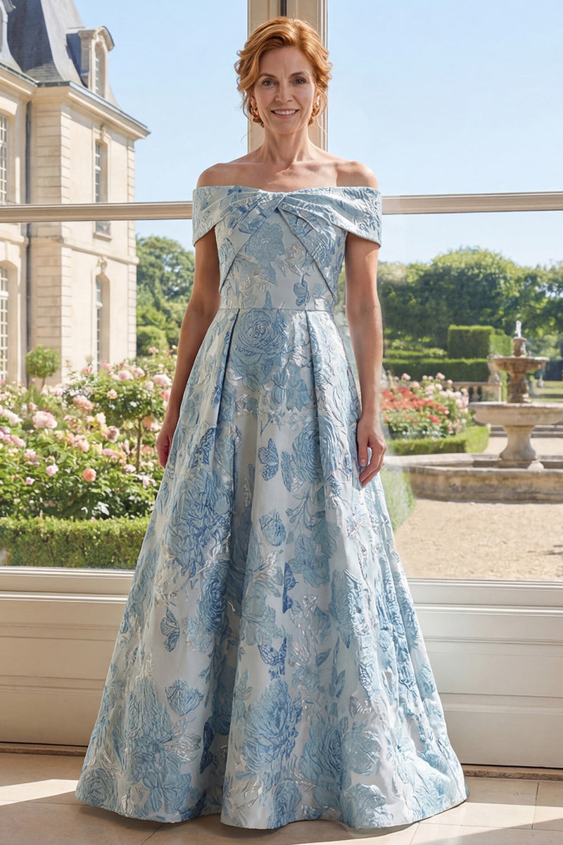 Laden Sie das Bild in den Galerie-Viewer, Blau Blumen A Linie Lang Schulterfrei Kleid für die Mutter der Braut