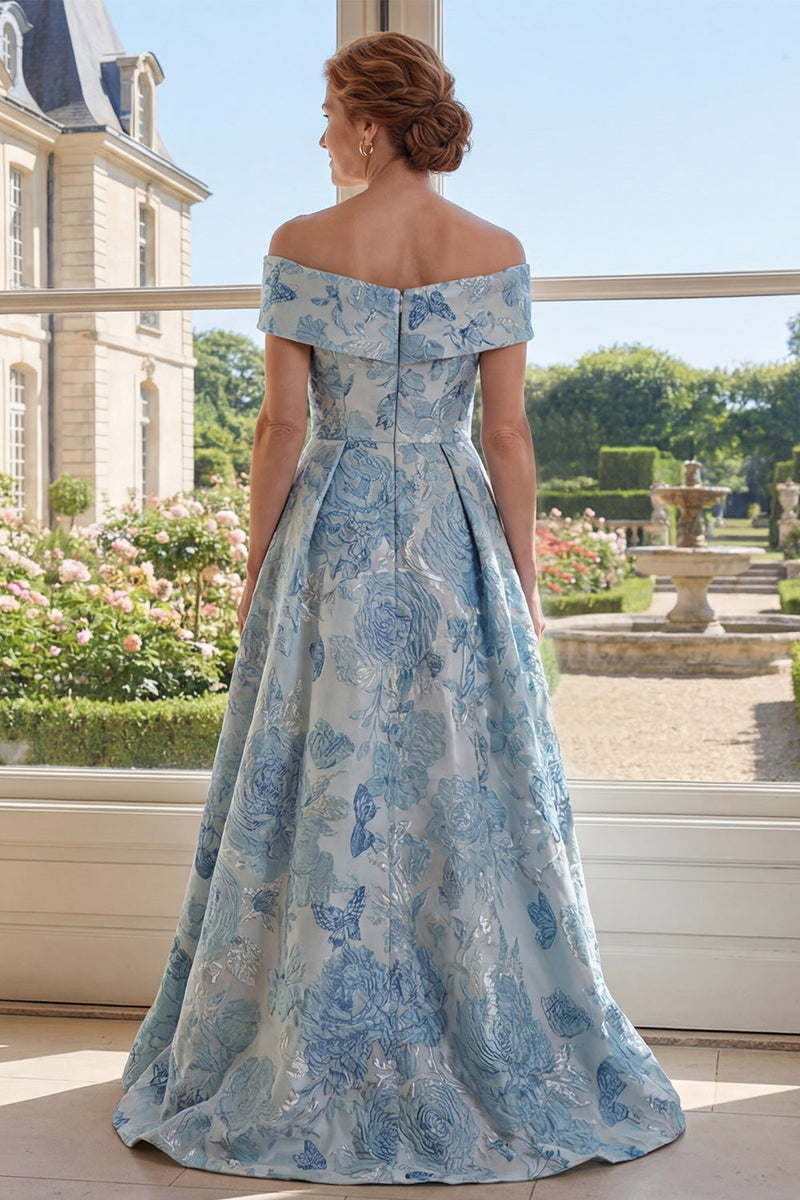 Laden Sie das Bild in den Galerie-Viewer, Blau Blumen A Linie Lang Schulterfrei Kleid für die Mutter der Braut