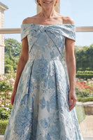 Laden Sie das Bild in den Galerie-Viewer, Blau Blumen A Linie Lang Schulterfrei Kleid für die Mutter der Braut