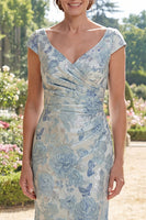 Laden Sie das Bild in den Galerie-Viewer, Fledermausärmel Blau Blumen Gerafft Meerjungfrau Lang Kleid für die Mutter der Braut