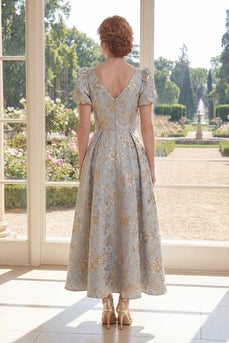 Puffärmel Staubiges Blau Blumen A Linie V-Ausschnitt Maksi Kleid für die Mutter der Braut