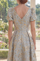 Laden Sie das Bild in den Galerie-Viewer, Puffärmel Staubiges Blau Blumen A Linie V-Ausschnitt Maksi Kleid für die Mutter der Braut