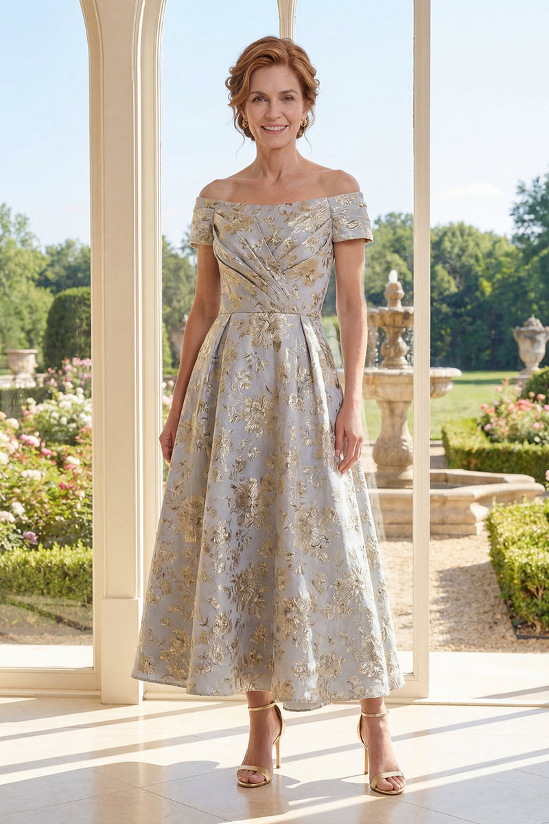 Laden Sie das Bild in den Galerie-Viewer, Gerafft Staubiges Blau Schulterfrei Blumen A Linie Maksi Kleid für die Mutter der Braut