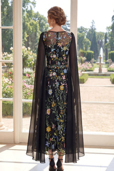 Bootsausschnitt Schwarz Blumen A Linie Lang Kleid für die Mutter der Braut mit Cape