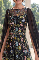 Laden Sie das Bild in den Galerie-Viewer, Bootsausschnitt Schwarz Blumen A Linie Lang Kleid für die Mutter der Braut mit Cape
