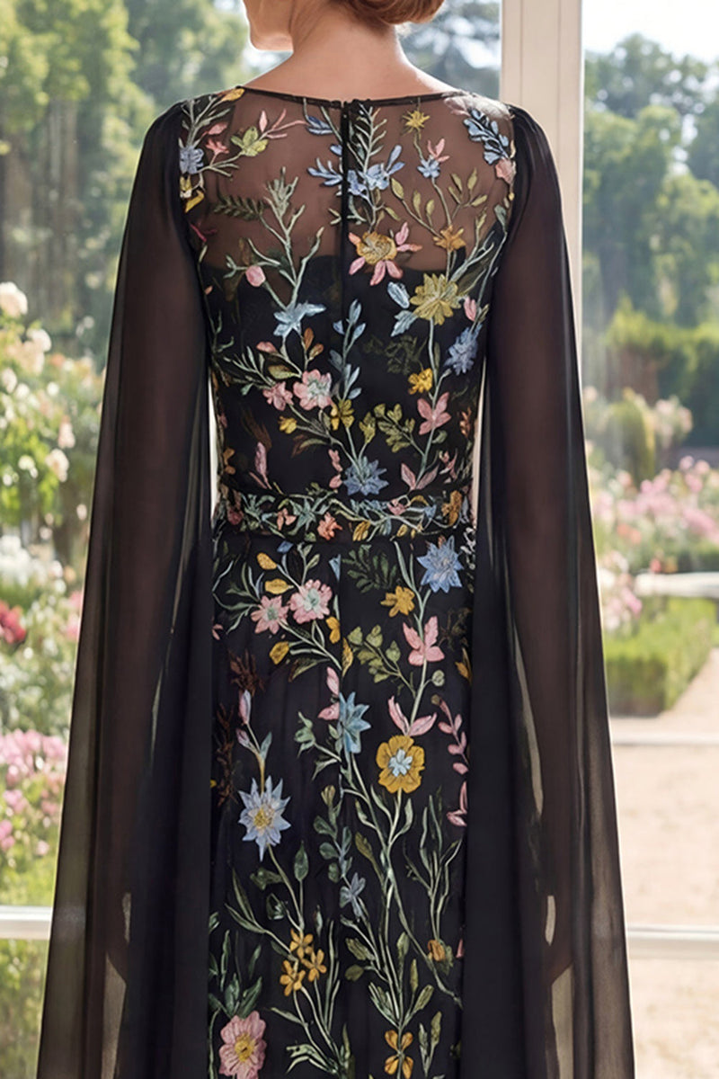 Laden Sie das Bild in den Galerie-Viewer, Bootsausschnitt Schwarz Blumen A Linie Lang Kleid für die Mutter der Braut mit Cape