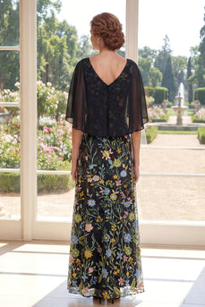 V-Ausschnitt A Linie Lang Schwarz Blumen Kleid für die Mutter der Braut mit Cape