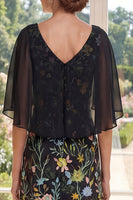 Laden Sie das Bild in den Galerie-Viewer, V-Ausschnitt A Linie Lang Schwarz Blumen Kleid für die Mutter der Braut mit Cape