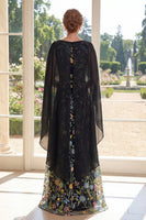 Laden Sie das Bild in den Galerie-Viewer, Rüschen A Linie Lang Bootsausschnitt Schwarz Blumen Kleid für die Mutter der Braut mit Cape