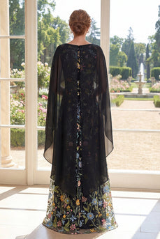 Rüschen A Linie Lang Bootsausschnitt Schwarz Blumen Kleid für die Mutter der Braut mit Cape