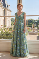 Laden Sie das Bild in den Galerie-Viewer, Fledermausärmel A Linie Lang V-Ausschnitt Grün Blumen Kleid für die Mutter der Braut