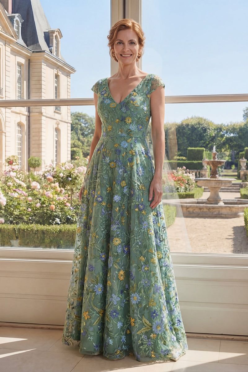 Laden Sie das Bild in den Galerie-Viewer, Fledermausärmel A Linie Lang V-Ausschnitt Grün Blumen Kleid für die Mutter der Braut