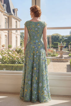 Fledermausärmel A Linie Lang V-Ausschnitt Grün Blumen Kleid für die Mutter der Braut