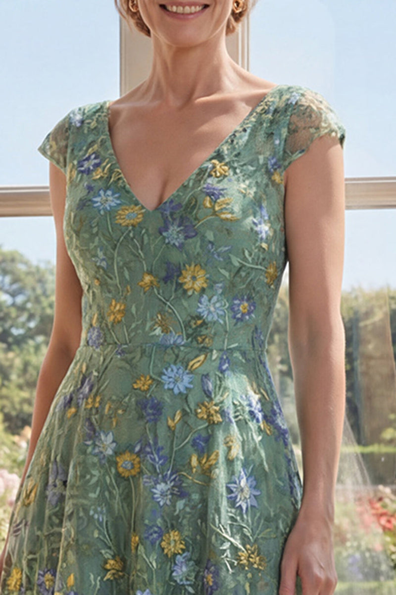 Laden Sie das Bild in den Galerie-Viewer, Fledermausärmel A Linie Lang V-Ausschnitt Grün Blumen Kleid für die Mutter der Braut
