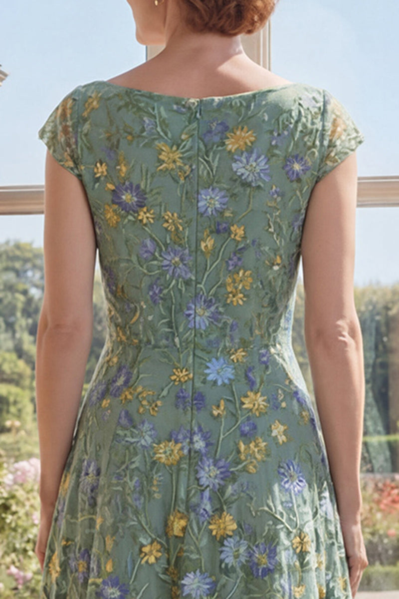 Laden Sie das Bild in den Galerie-Viewer, Fledermausärmel A Linie Lang V-Ausschnitt Grün Blumen Kleid für die Mutter der Braut