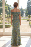 Laden Sie das Bild in den Galerie-Viewer, Meerjungfrau Lang Schulterfrei Grün Blumen Kleid für die Mutter der Braut