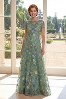 Laden Sie das Bild in den Galerie-Viewer, Kurzärmel A Linie Lang Grün Blumen Bootsausschnitt Kleid für die Mutter der Braut