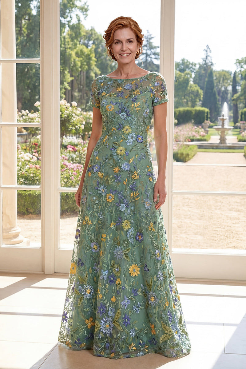 Laden Sie das Bild in den Galerie-Viewer, Kurzärmel A Linie Lang Grün Blumen Bootsausschnitt Kleid für die Mutter der Braut