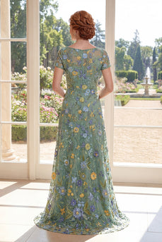 Kurzärmel A Linie Lang Grün Blumen Bootsausschnitt Kleid für die Mutter der Braut