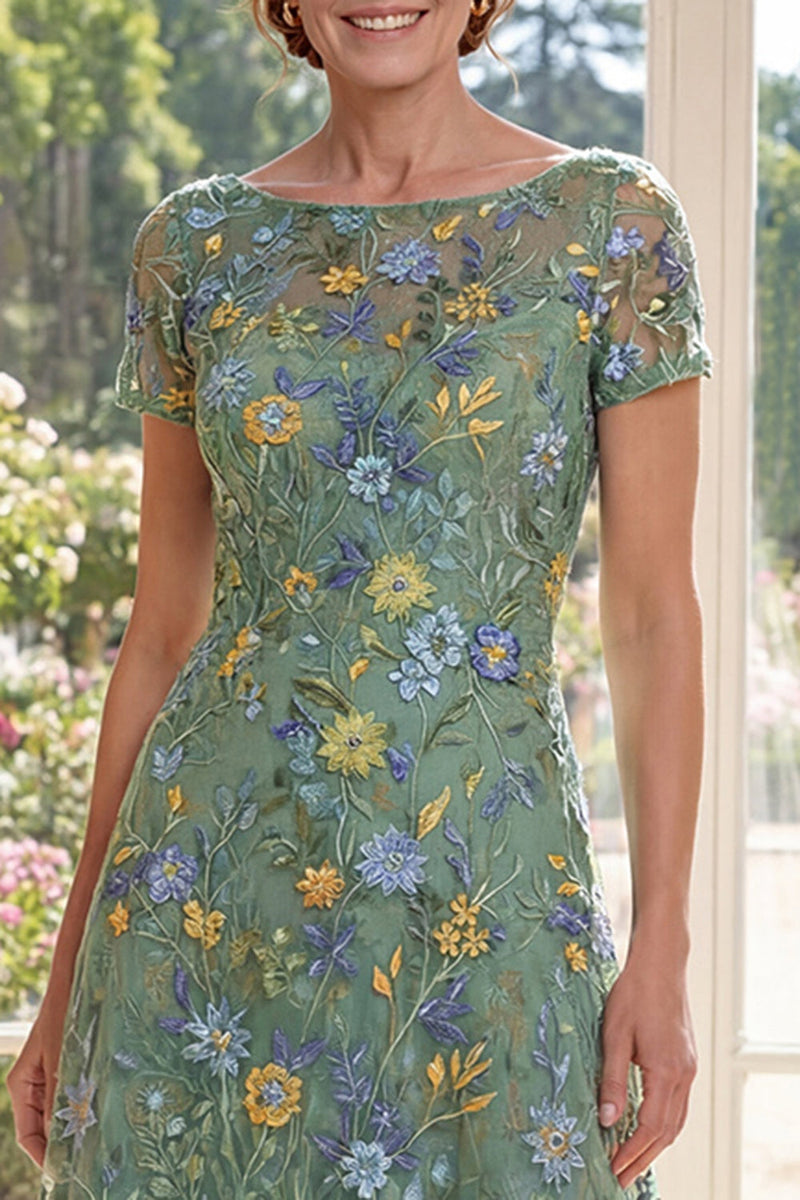 Laden Sie das Bild in den Galerie-Viewer, Kurzärmel A Linie Lang Grün Blumen Bootsausschnitt Kleid für die Mutter der Braut