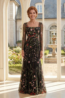 Laden Sie das Bild in den Galerie-Viewer, Rundhalsausschnitt Lange Ärmel Schwarz Blumen Scheide Lang Kleid für die Mutter der Braut