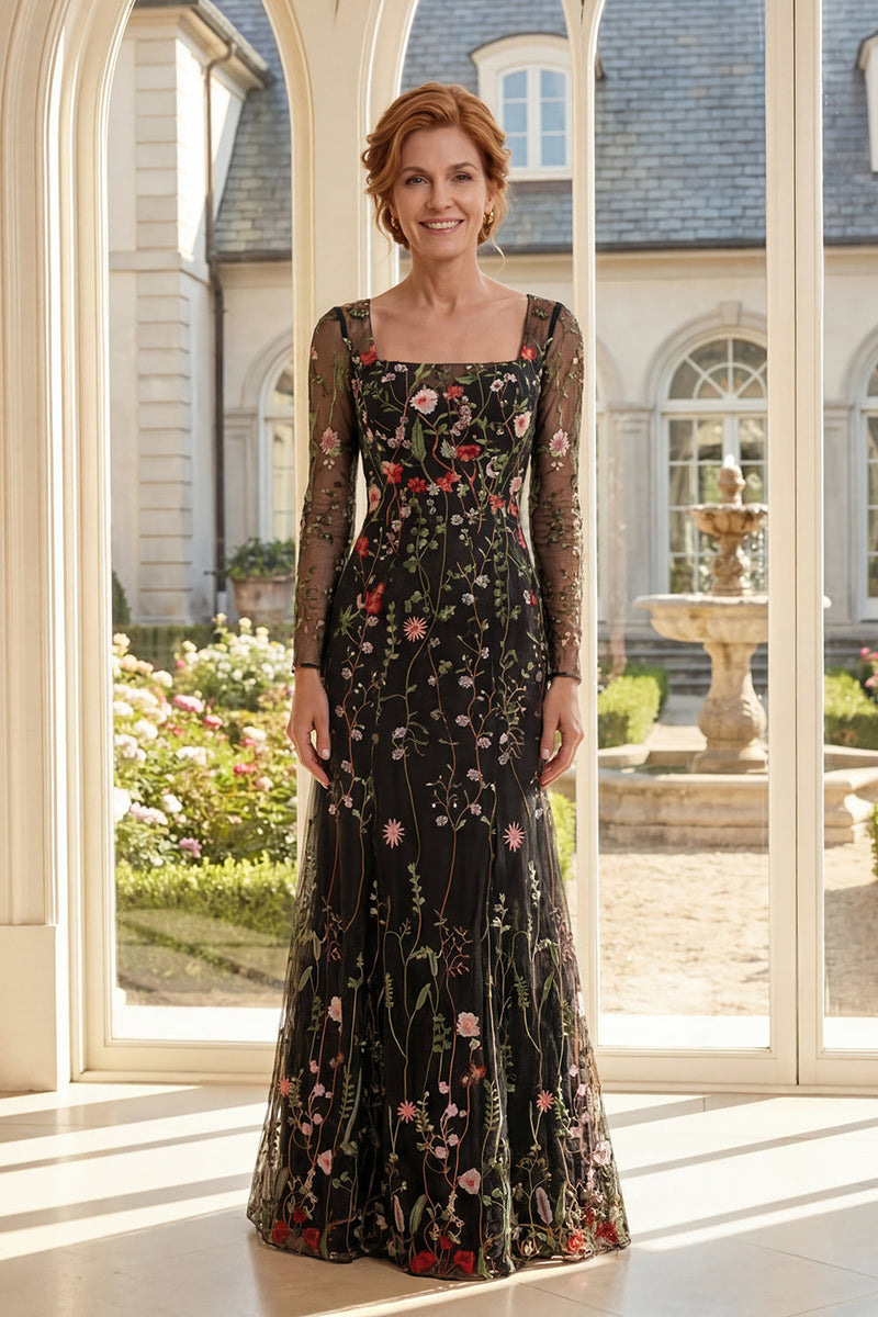 Laden Sie das Bild in den Galerie-Viewer, Rundhalsausschnitt Lange Ärmel Schwarz Blumen Scheide Lang Kleid für die Mutter der Braut