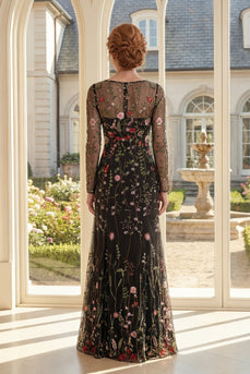 Rundhalsausschnitt Lange Ärmel Schwarz Blumen Scheide Lang Kleid für die Mutter der Braut