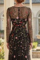 Laden Sie das Bild in den Galerie-Viewer, Rundhalsausschnitt Lange Ärmel Schwarz Blumen Scheide Lang Kleid für die Mutter der Braut