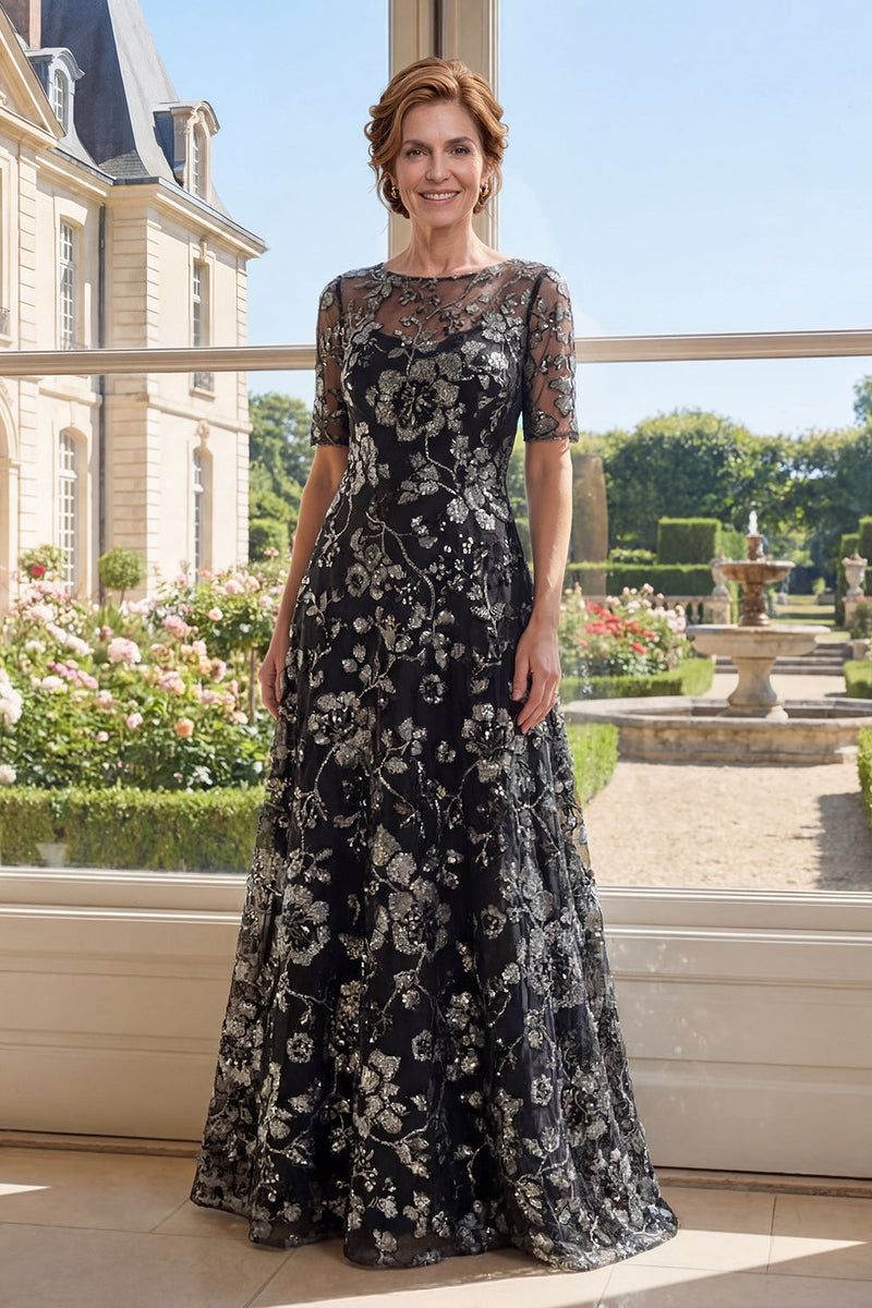 Laden Sie das Bild in den Galerie-Viewer, Bootsausschnitt Glitzerndes Schwarz Blumen A Linie Lang Kleid für die Mutter der Braut